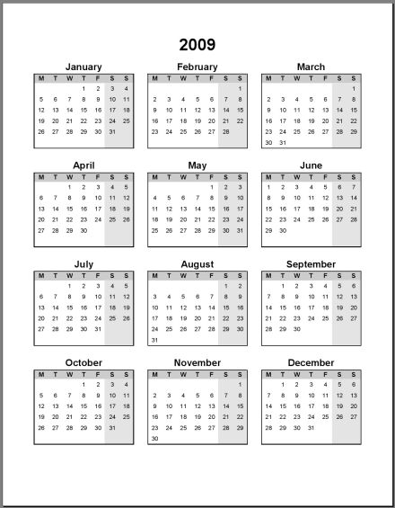 Free Print Your 2009 1 Page Portrait Microsoft Word Calendar No-Ads No ...