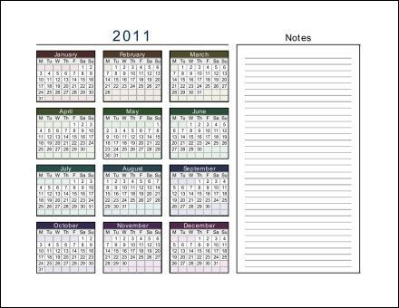 2013 Yearly Calendar Landscape on Calendar With Notes Landscape 1  Starts Monday   Pdf  1 Page Calendar